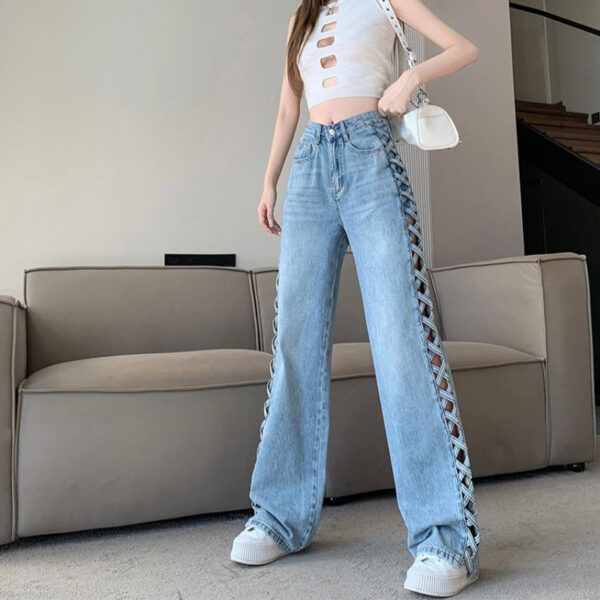 side woven hollow wide-leg jeans women | 1079
