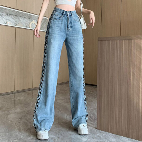 side woven hollow wide-leg jeans women | 1079 - Image 2