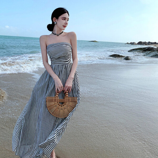 French style off-shoulder pleated slim high waist A-line dress | 1059