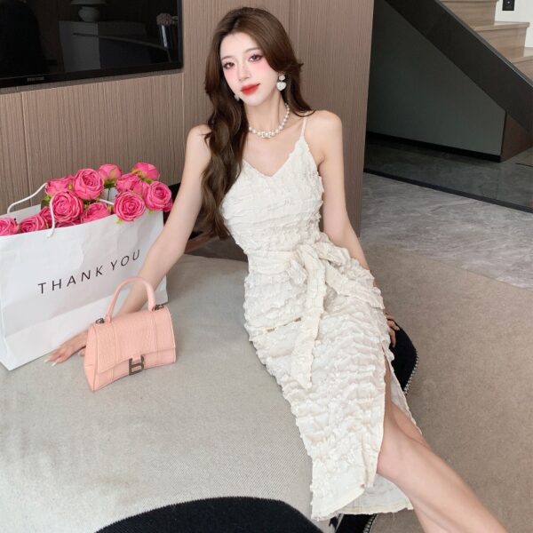 Real shot of the new textured V-neck sexy backless slit mid-length suspender dress with waist tie dress | 1007 - Image 2