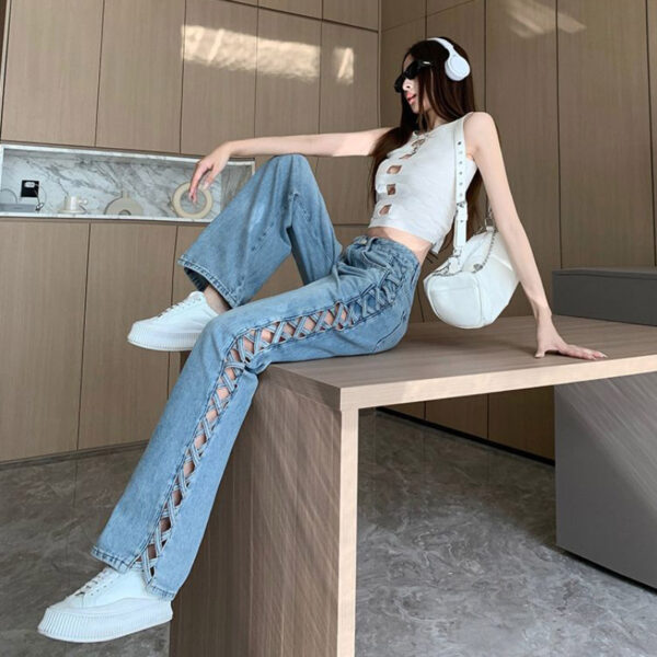 side woven hollow wide-leg jeans women | 1079 - Image 3