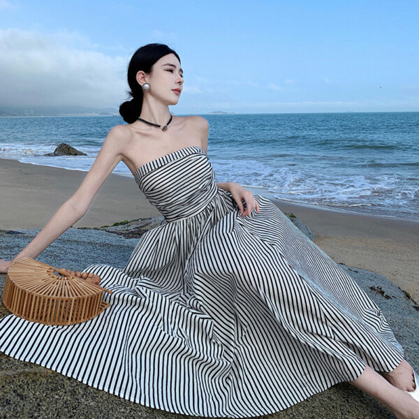 French style off-shoulder pleated slim high waist A-line dress | 1059 - Image 2