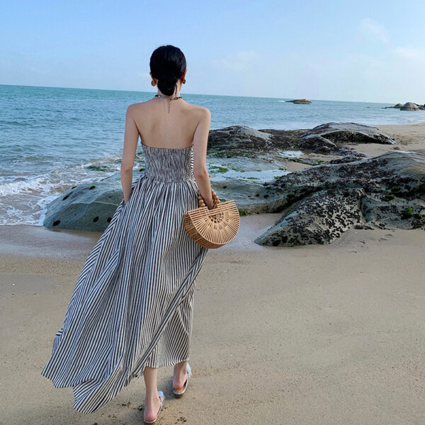 French style off-shoulder pleated slim high waist A-line dress | 1059 - Image 4