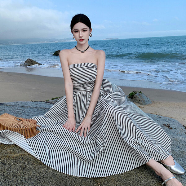 French style off-shoulder pleated slim high waist A-line dress | 1059 - Image 5