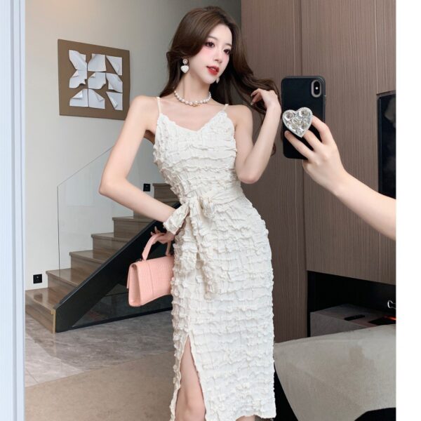 Real shot of the new textured V-neck sexy backless slit mid-length suspender dress with waist tie dress | 1007 - Image 3