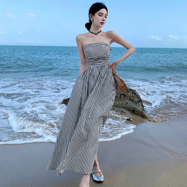 French style off-shoulder pleated slim high waist A-line dress | 1059 - Image 3