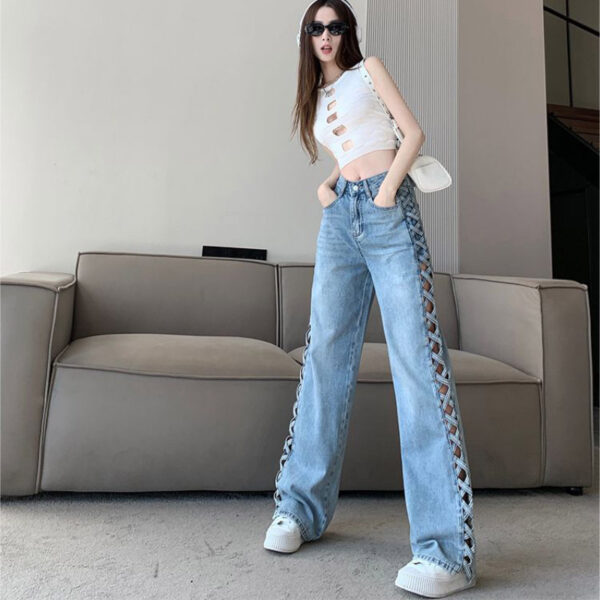 side woven hollow wide-leg jeans women | 1079 - Image 4