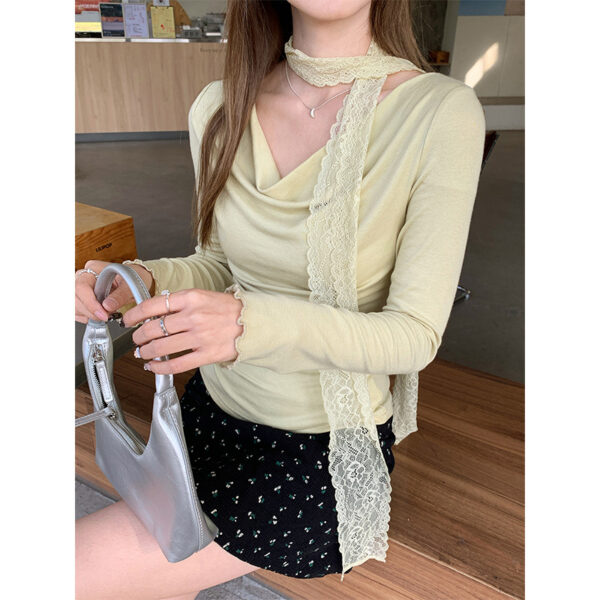 Pure desire, swing tie, neck, waist cinching, thin, irregular long-sleeved T-shirt | 9022 - Image 3