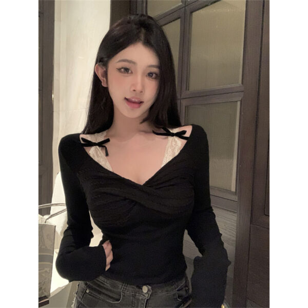 Sexy Bow Stitching V-neck Long Sleeve T-Shirt | 9005 - Image 3