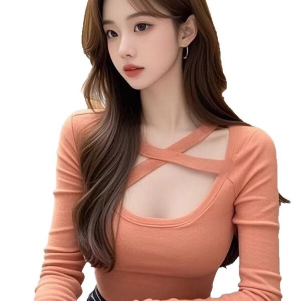 Pure Lust Sweet and Spicy Style Square Neck Cross Long Sleeve T-Shirt | 9029 - Image 5