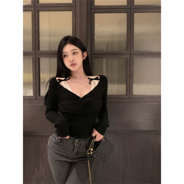 Sexy Bow Stitching V-neck Long Sleeve T-Shirt | 9005 - Image 4