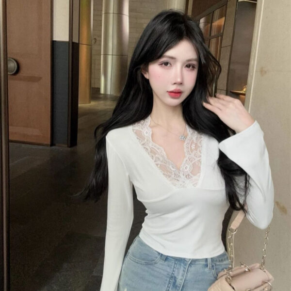Deep V-neck lace stitching white knitted base shirt women's | 9018 - Image 2