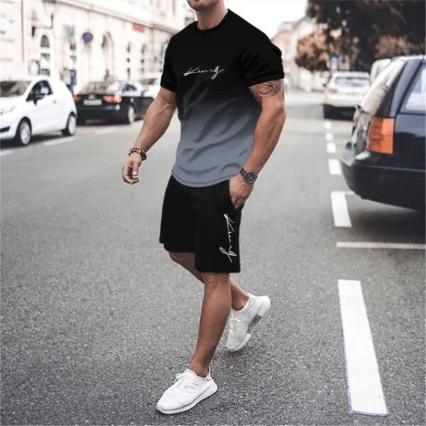 3D Digital Printing Simple Letter Gradient T-shirt Two-piece Suit Men | 1121 - Image 2