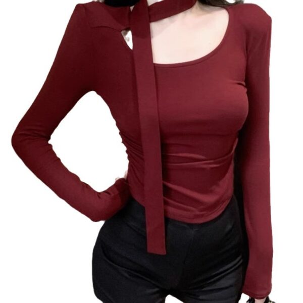 Design Sense Retro Sexy Halterneck Waist Long Sleeve T-Shirt | 9021 - Image 5