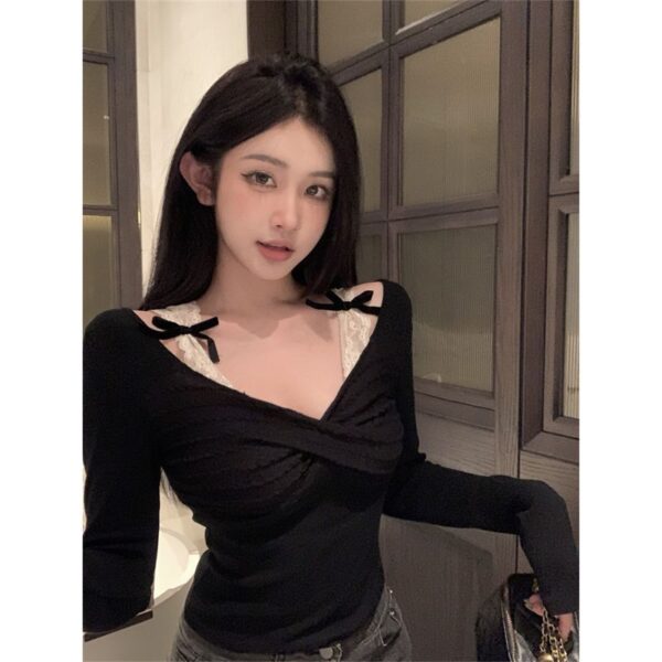 Sexy Bow Stitching V-neck Long Sleeve T-Shirt | 9005 - Image 2
