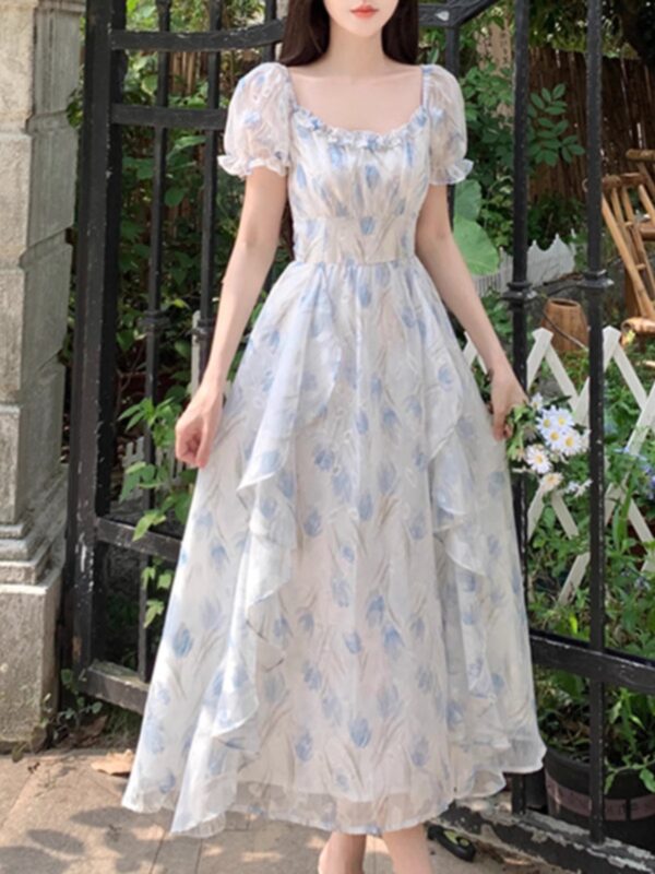 First love, French square neck, romantic floral chiffon dress, | 8020 - Image 4