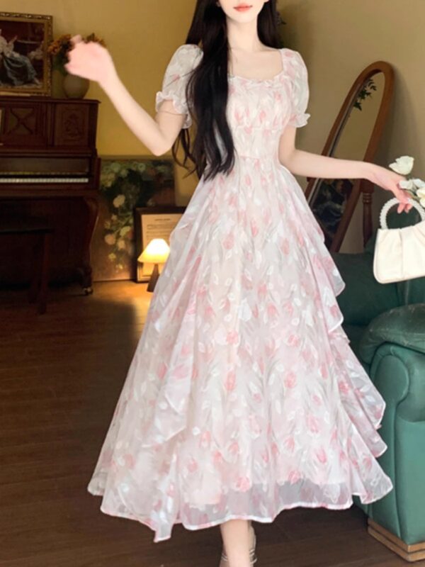 First love, French square neck, romantic floral chiffon dress, | 8020