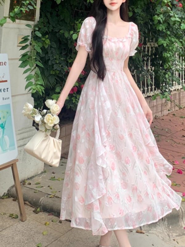 First love, French square neck, romantic floral chiffon dress, | 8020 - Image 2