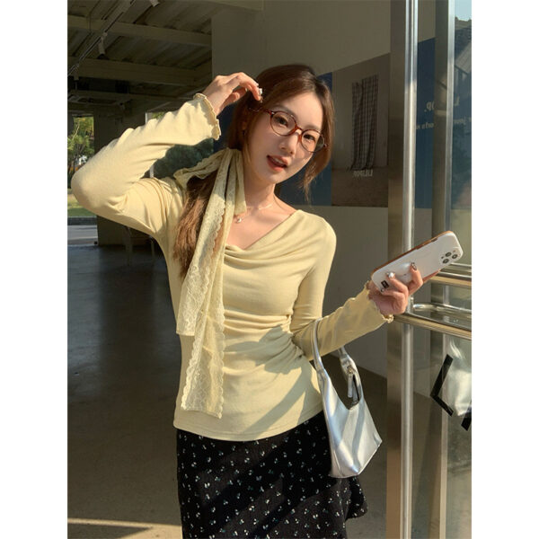 Pure desire, swing tie, neck, waist cinching, thin, irregular long-sleeved T-shirt | 9022 - Image 2