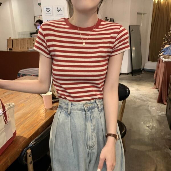 Sense Short Sleeve T-Shirt Women's American Retro Student Trim Top | 9001 - Image 2