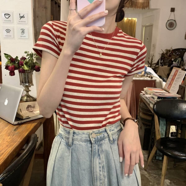 Sense Short Sleeve T-Shirt Women's American Retro Student Trim Top | 9001 - Image 4