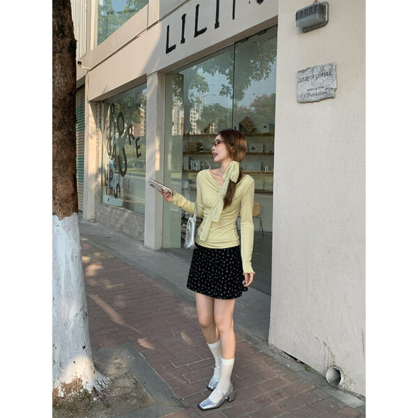 Pure desire, swing tie, neck, waist cinching, thin, irregular long-sleeved T-shirt | 9022 - Image 5