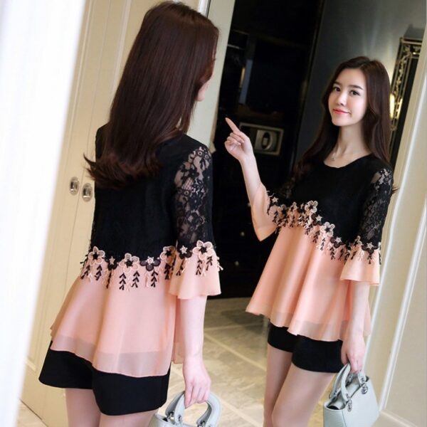 lace splicing chiffon shirt fat mm trumpet sleeve top | 1175 - Image 3