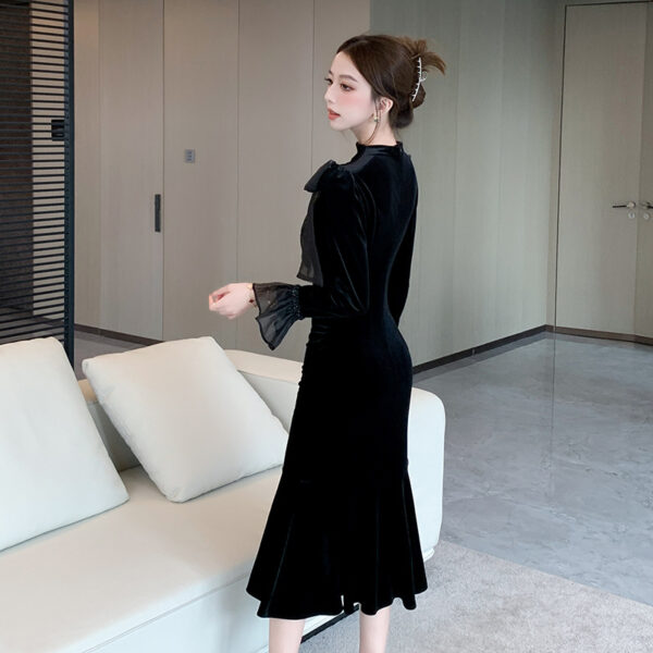 High-end exquisite temperament lady bow heavy nail diamond trumpet sleeve fishtail little black dress | 1157 - Image 3