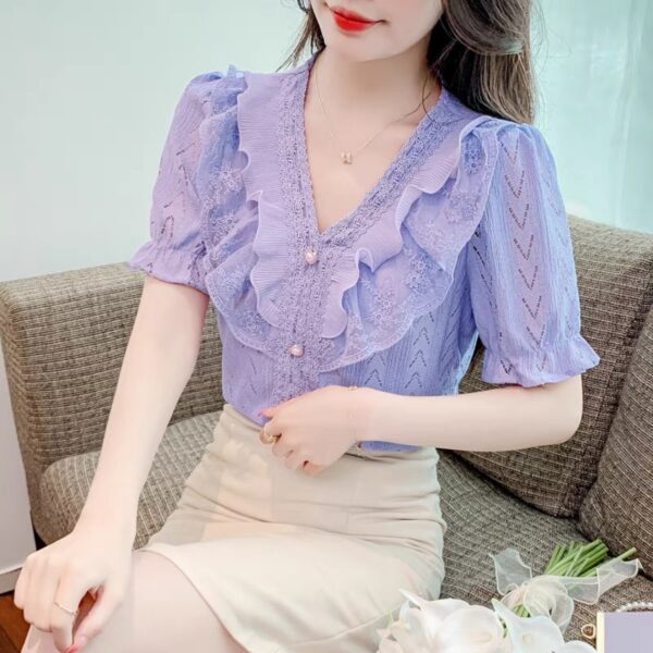French women's puff sleeve chiffon shirt Chiffon shirt short | 1187 - Image 3