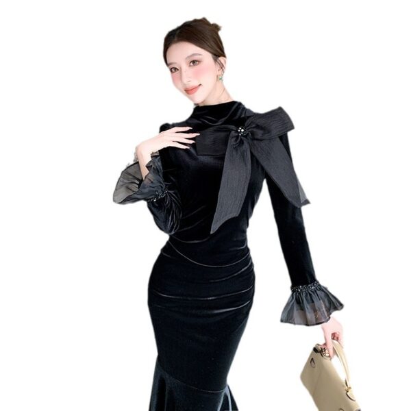High-end exquisite temperament lady bow heavy nail diamond trumpet sleeve fishtail little black dress | 1157 - Image 5