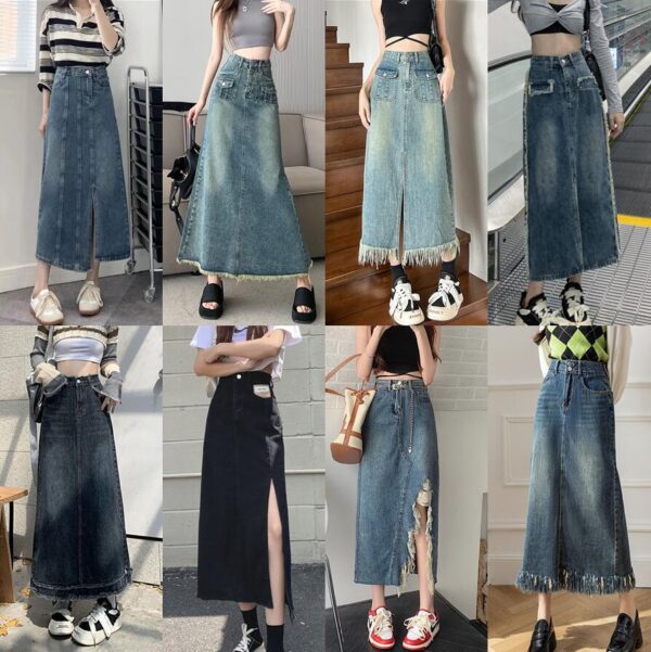 American all-match washed retro blue vintage hot girl raw edge distressed denim skirt  | 1156
