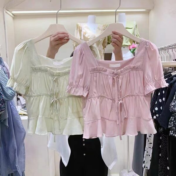 French women's puff sleeve chiffon shirt Chiffon shirt short | 1187 - Image 6