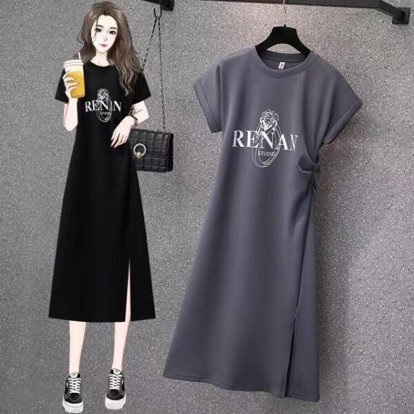 Casual mid-length slit slim slim short sleeve t-shirt skirt | 1179 - Image 3