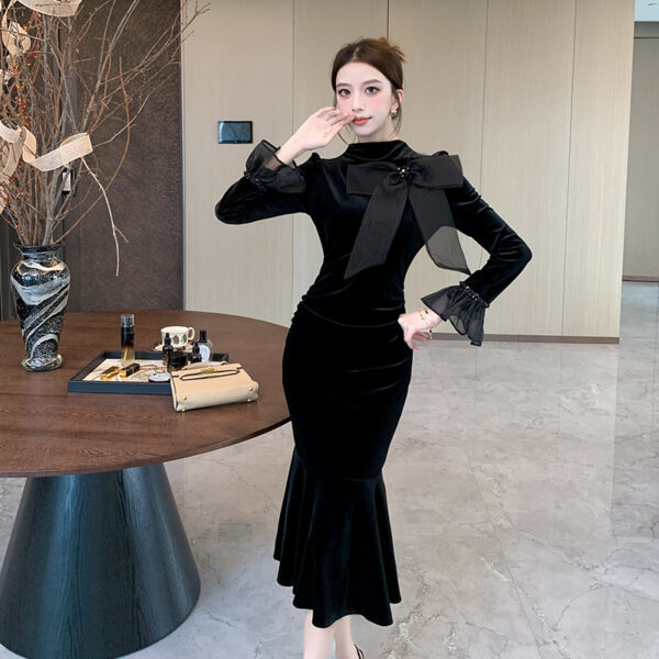 High-end exquisite temperament lady bow heavy nail diamond trumpet sleeve fishtail little black dress | 1157 - Image 2