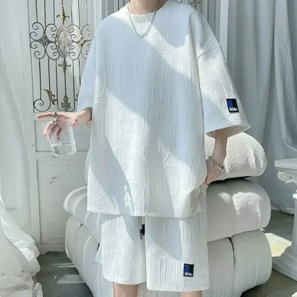 casual suit men's summer thin loose large size letter jacquard short-sleeved T-shirt shorts | 1182 - Image 3
