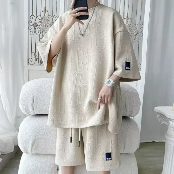 casual suit men's summer thin loose large size letter jacquard short-sleeved T-shirt shorts | 1182