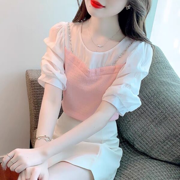 French women's puff sleeve chiffon shirt Chiffon shirt short | 1187 - Image 4