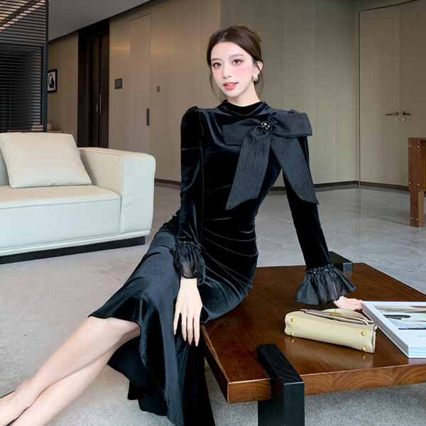 High-end exquisite temperament lady bow heavy nail diamond trumpet sleeve fishtail little black dress | 1157 - Image 4