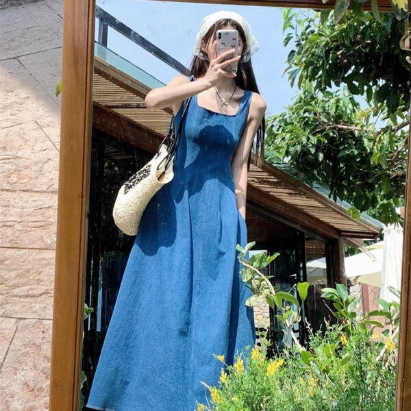 Blue Mist Love: French Denim Dress, Women's Summer, Niche Design, Cinched Waist Temperament, Slip Long Skirt | 1136 - Image 4