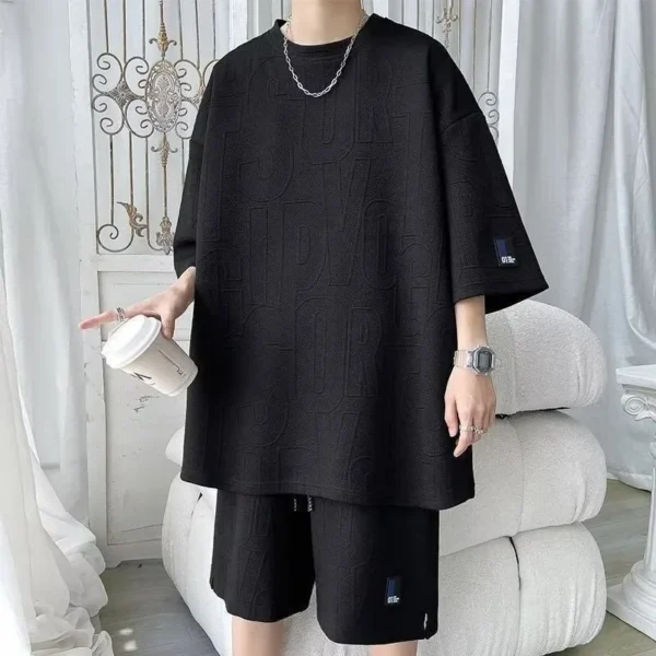 casual suit men's summer thin loose large size letter jacquard short-sleeved T-shirt shorts | 1182 - Image 4