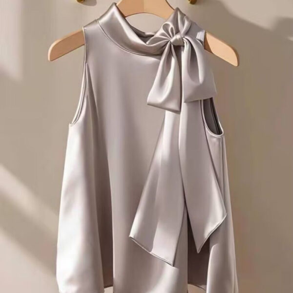 French Style Lightly Mature Niche Purple Satin Bow Shirt | 1190 - Image 4