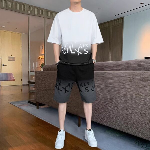 casual suit men's thin loose large size letter jacquard short-sleeved T-shirt shorts | 1194 - Image 2