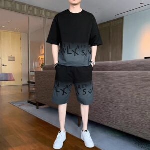casual suit men's thin loose large size letter jacquard short-sleeved T-shirt shorts | 1194